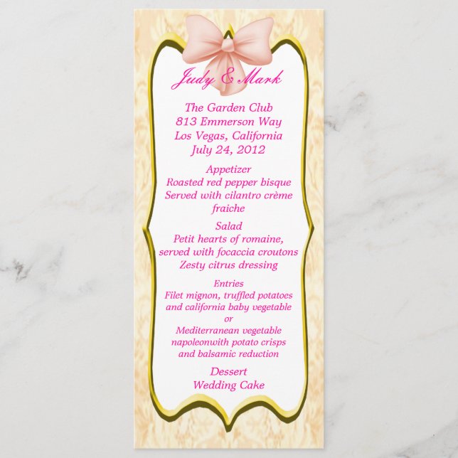 Carte de menu Mariage Bow rose (Devant)