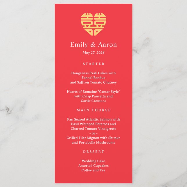 Carte de menu Mariage chinois Double Happy (Devant)