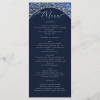 Carte de menu Mariage classique bleu damassé orang