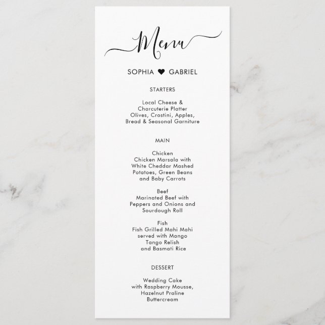 Carte de menu Mariage Coeur de typographie minimal (Devant)