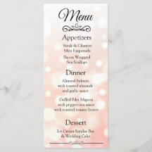 Carte de menu Mariage Coral Bokeh décorative