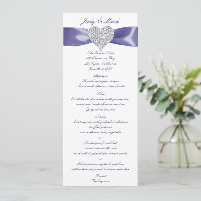 Carte de menu Mariage couleur bleu violet (Debout devant)