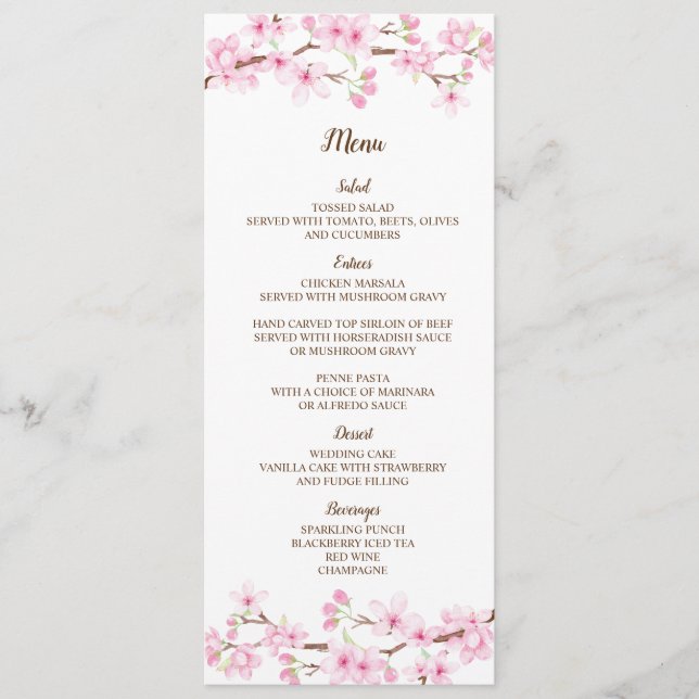 Carte de menu Mariage couleur d'aquarelle Cherry B (Devant)