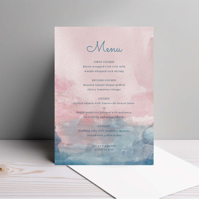 Carte de menu Mariage couleur rose et bleu Aquarel (Créateur téléchargé)