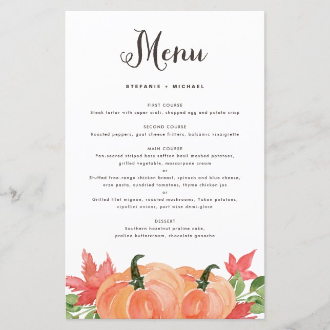 Carte de menu Mariage de automne Citrouille Aquare (Devant)