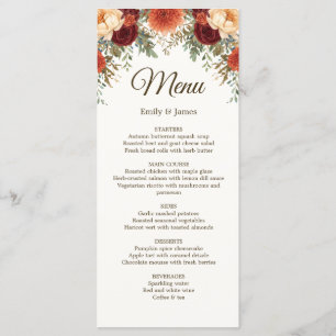 Carte de menu Mariage de automne rustique   Rose d