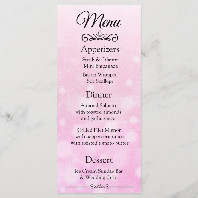 Carte de menu Mariage de Bokeh Rose élégant (Devant)