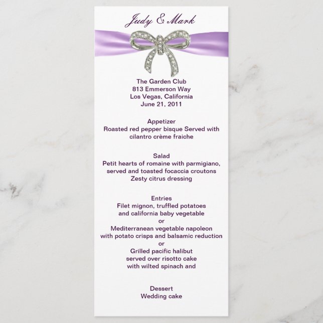 Carte de menu Mariage de Bow Diamond Violet (Devant)