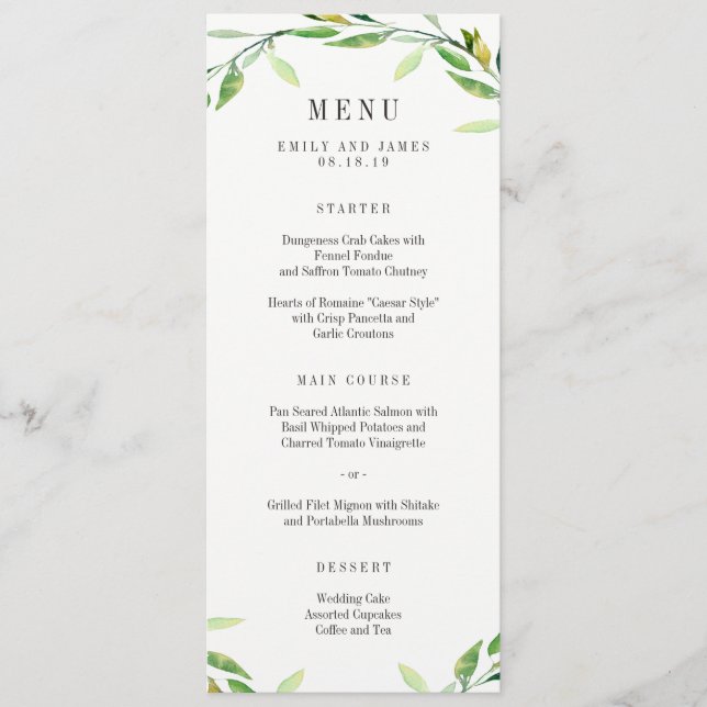 Carte de menu Mariage de feuillage vert (Devant)