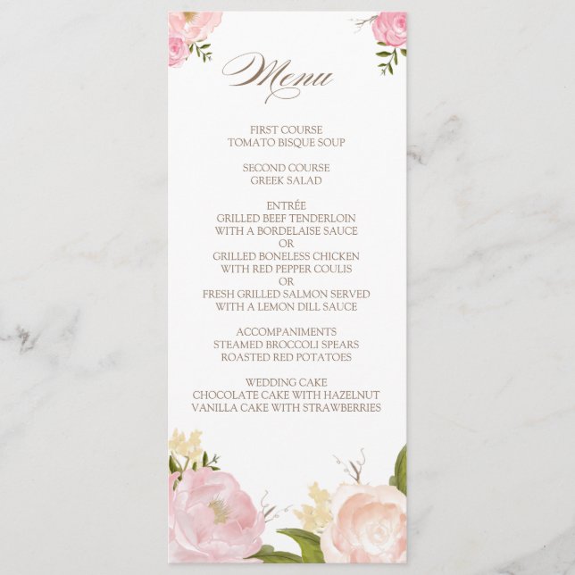 Carte de menu Mariage de fleurs d'aquarelle romant (Devant)
