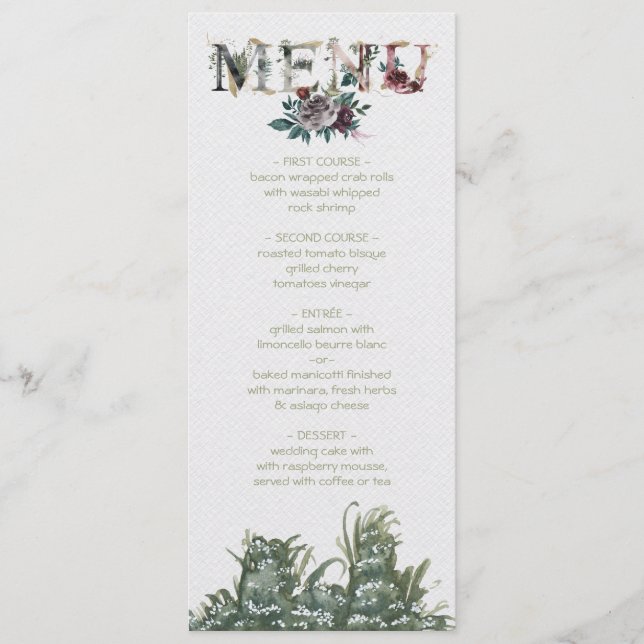 Carte de menu Mariage de l'aquarelle de bois (Devant)