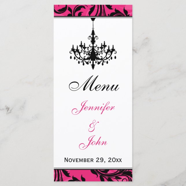 Carte de menu Mariage de lustre rose noir (Devant)