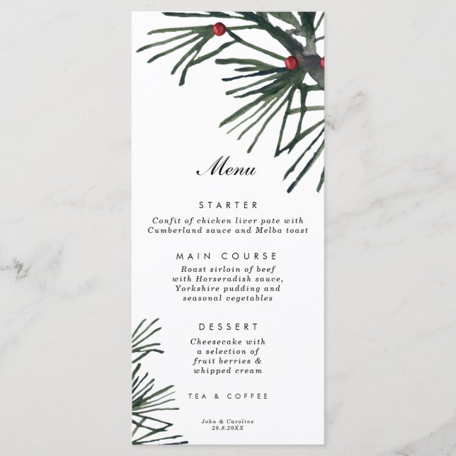 carte de menu mariage de Noël de la branche de pin (Devant)