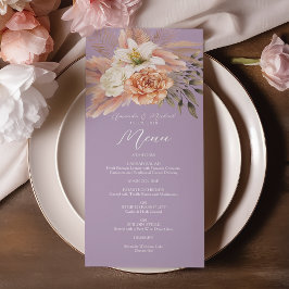 Carte de menu Mariage de pêche et de fleurs violet