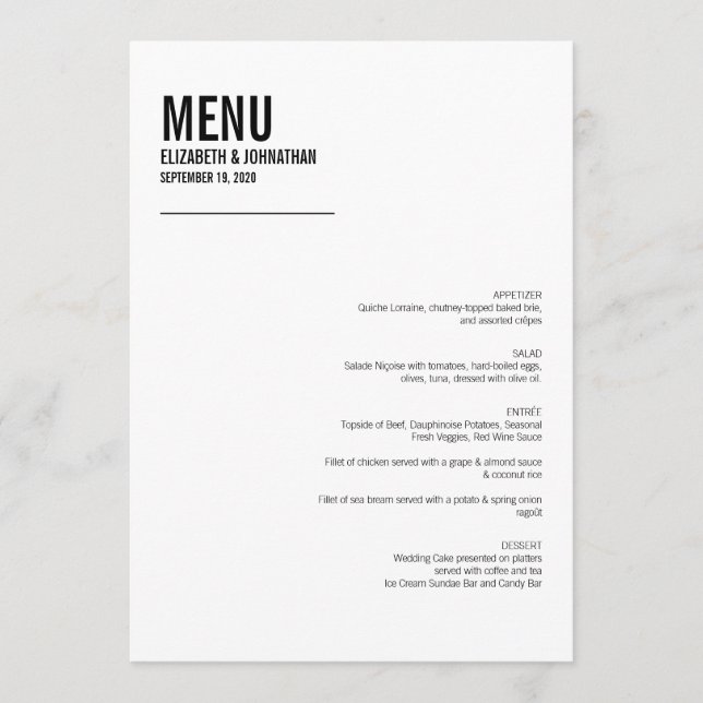 Carte de menu Mariage de typographie simple et min (Devant)