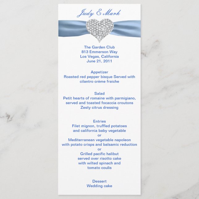 Carte de menu Mariage Diamond Heart Blue (Devant)