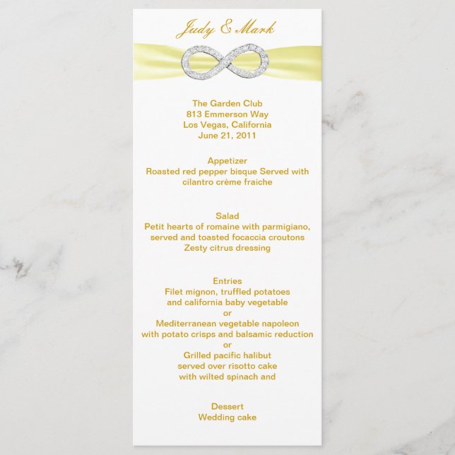 Carte de menu Mariage Diamond jaune Infinity (Devant)