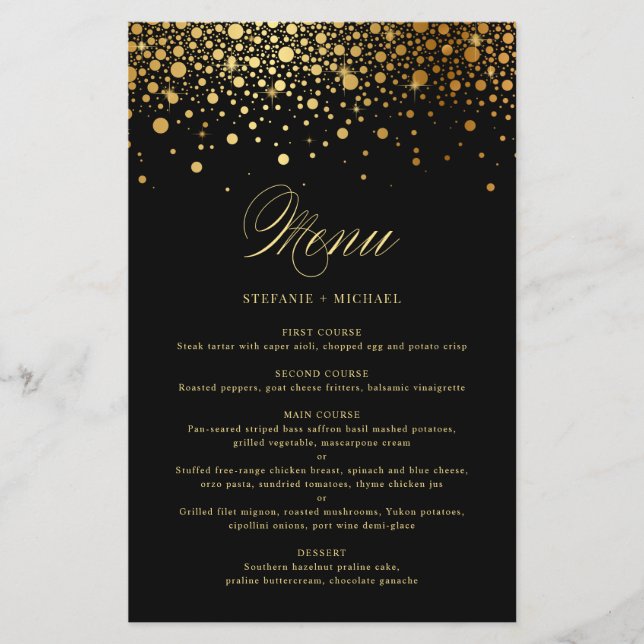 Carte de menu Mariage Faux Gold Foil Noir (Devant)