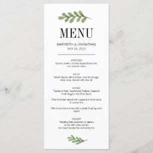 Carte de menu Mariage Feuille Watercolor Greenery