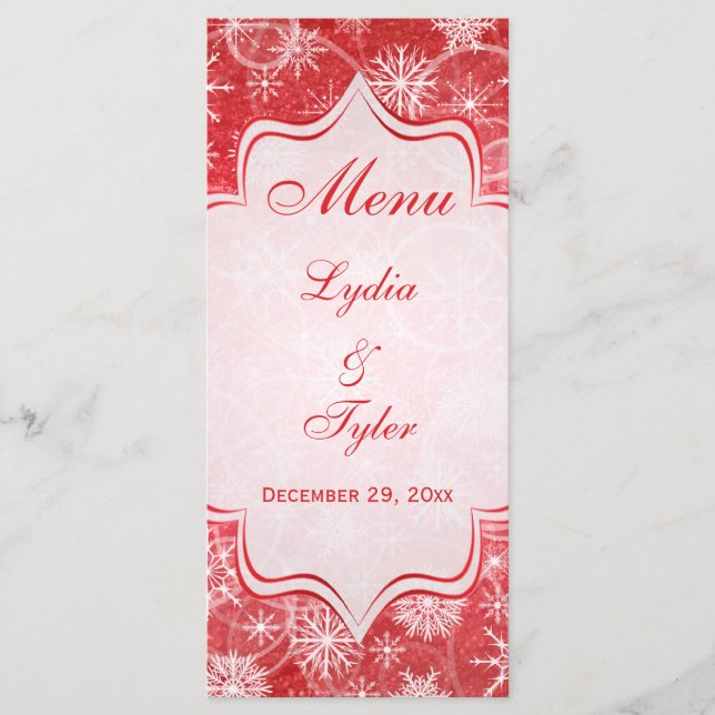 Carte de menu Mariage Flakes de neige rouge et bla (Devant)