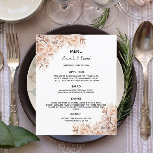 Carte de menu mariage fleurs crème beige