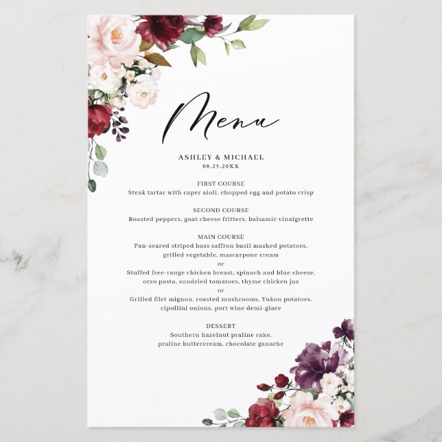 Carte de menu Mariage Fleurs d'automne rouge et vi (Devant)
