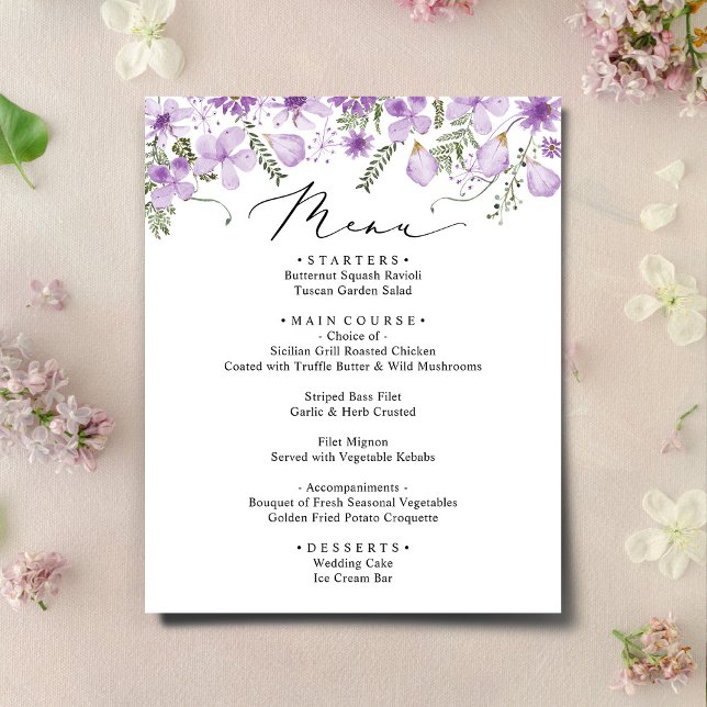 Carte de menu Mariage Floral à l'aquarelle violett (Créateur téléchargé)