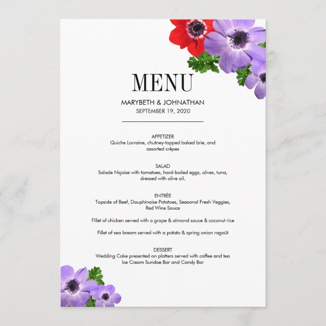 Carte de menu Mariage Floral Anemone Aquarelle (Devant)