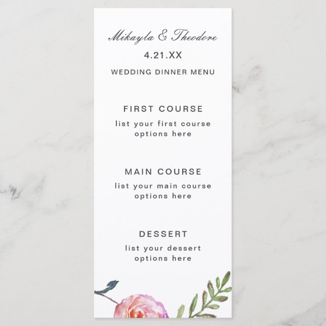 Carte de menu Mariage Floral Aquarelle (Devant)