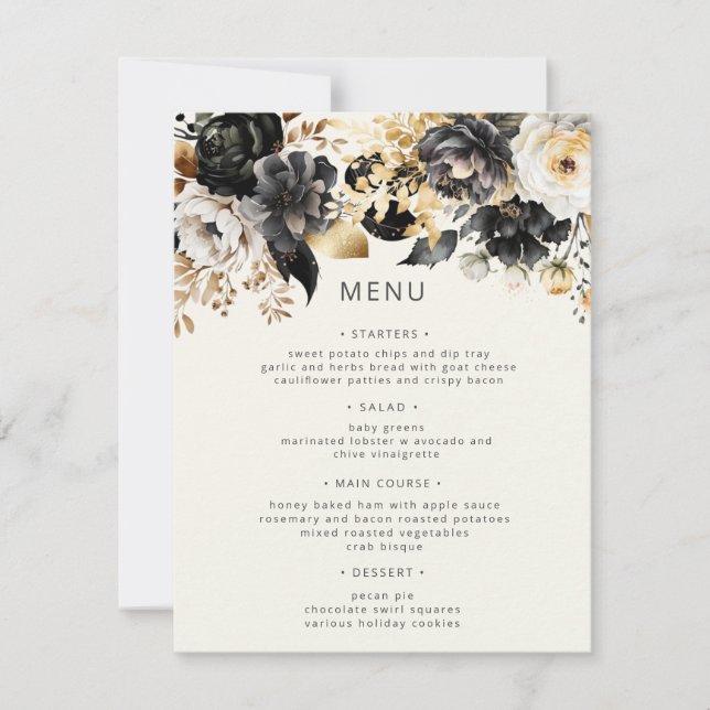 Carte de menu Mariage Floral Black Gold Luxe (Devant)