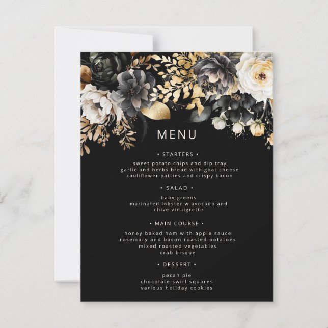 Carte de menu Mariage Floral Black Gold Luxe (Devant)
