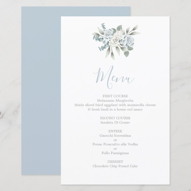 Carte de menu mariage floral bleu Dusty (Devant / Derrière)