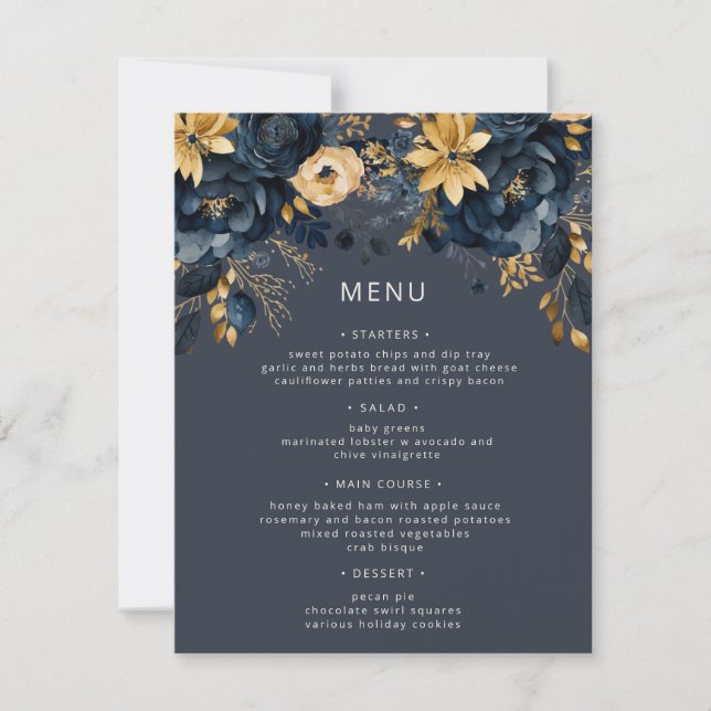 Carte de menu Mariage Floral Blue Gold Luxe (Devant)