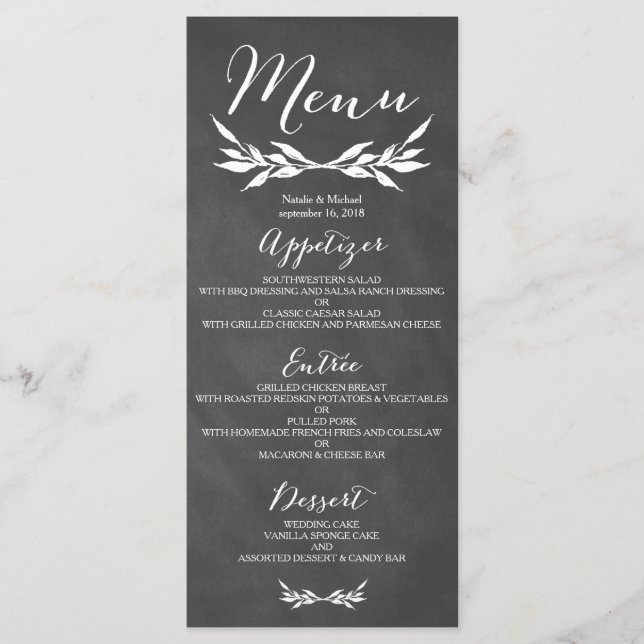 Carte de menu Mariage Floral Chalkboard noir (Devant)