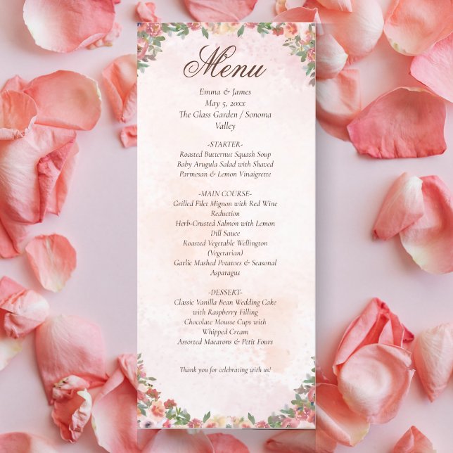 Carte de menu Mariage floral rose rose rose romant (Créateur téléchargé)