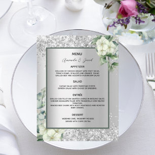 Carte de menu mariage floraux blancs en argent