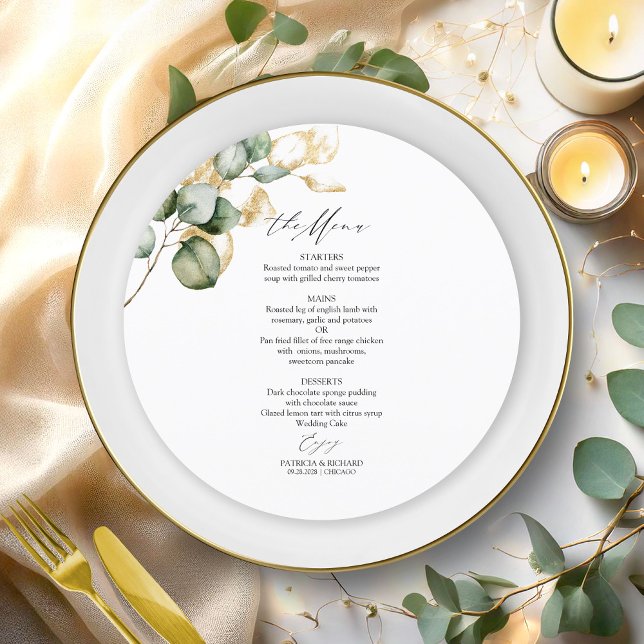 Carte de menu Mariage Gold Greenery Circle (Créateur téléchargé)