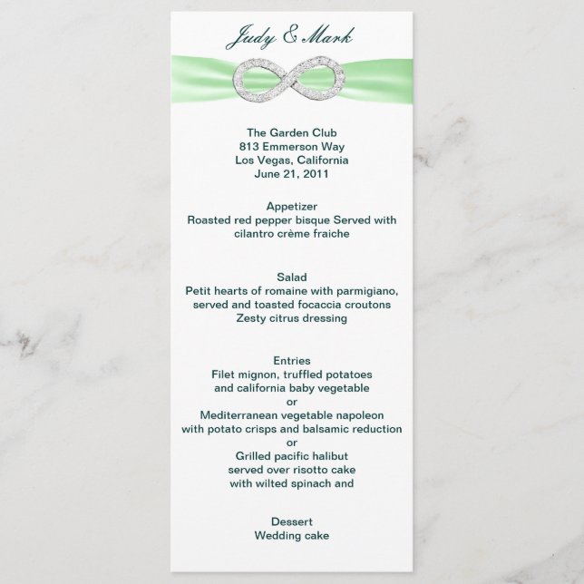 Carte de menu Mariage Green Diamond Infinity (Devant)