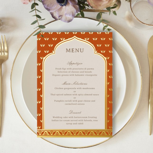Carte de menu Mariage indienne de Lotus Flower Gol (orange indian wedding reception menu, hindu wedding party menu, sangeet menu, mehndi menu, dholki)