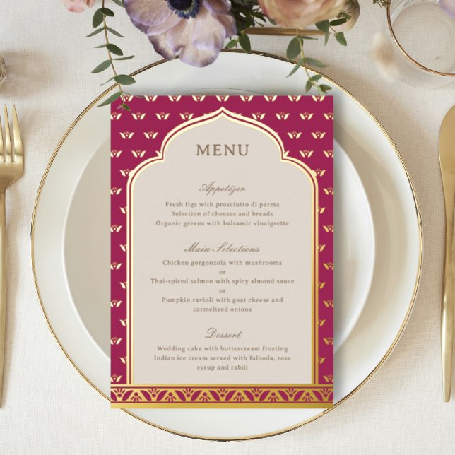 Carte de menu Mariage indienne de Lotus Flower Gol (Pink indian wedding reception menu, hindu wedding party menu, sangeet menu, mehndi menu, dholki menu)