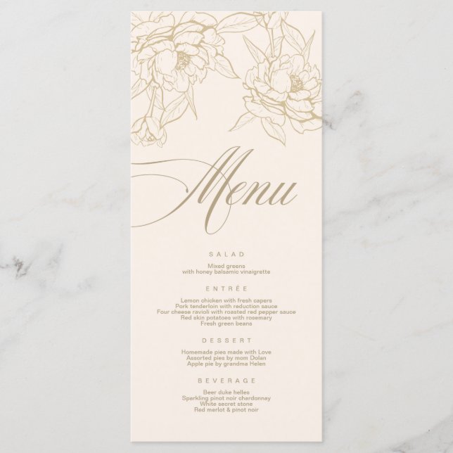 Carte de menu Mariage ivoire, avec Peony aux fleur (Devant)