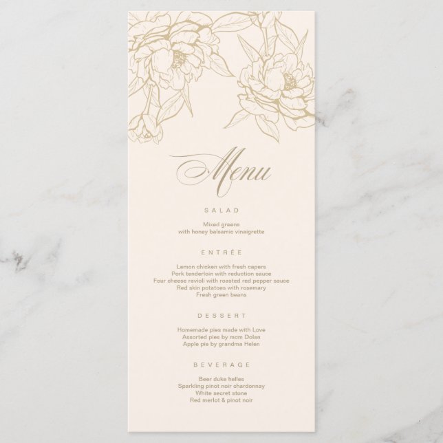 Carte de menu Mariage ivoire, avec Peony aux fleur (Devant)
