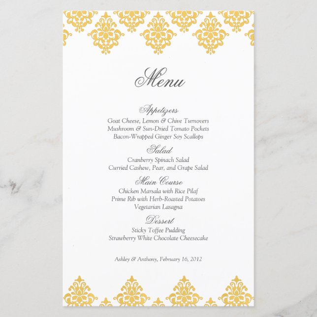 Carte de menu Mariage Jaune blanc Damas Arabesque (Devant)