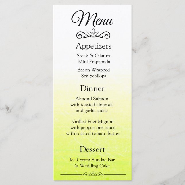 Carte de menu Mariage Jaune élégant (Devant)