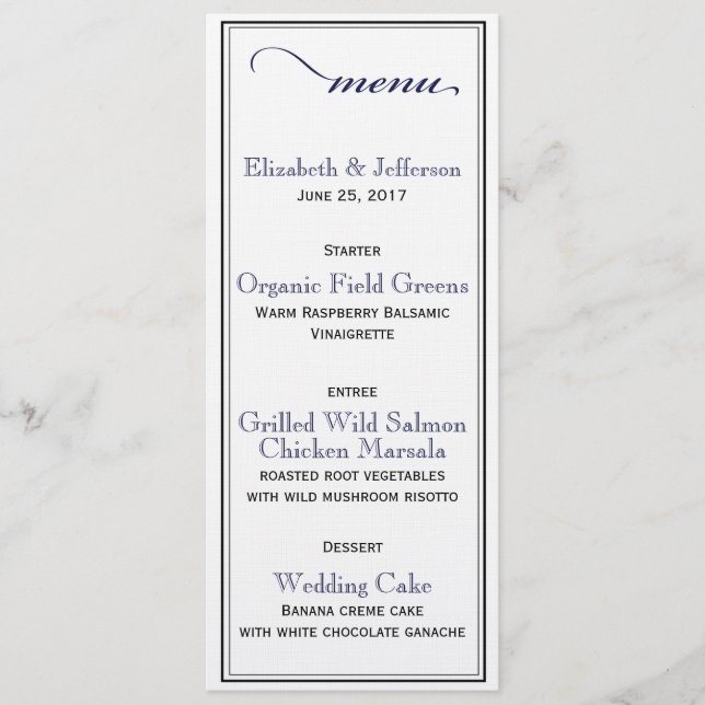 Carte de menu Mariage marine bleu et blanc élégant (Devant)