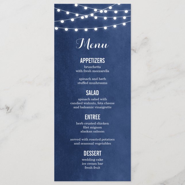 Carte de menu Mariage Marine Blue String Lights (Devant)