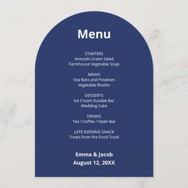 Carte de menu Mariage moderne bleu marine (Devant)