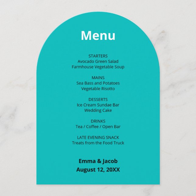 Carte de menu Mariage moderne Turquoise (Devant)