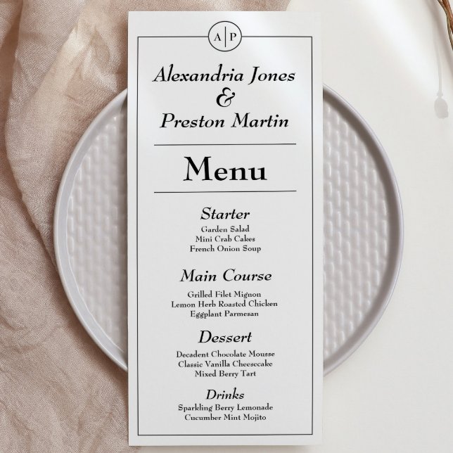 Carte de menu Mariage Monogramme noir et blanc min (simple and modern, this black and white monogram menu is an elegant personal touch to your wedding)