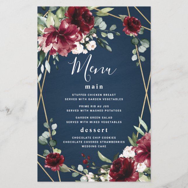 Carte de menu Mariage or bleu marine Bourgogne ble (Devant)